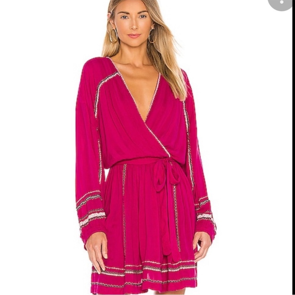 Free People Delilah Embroidered Wrap Mini Dress Hot Pink Boho Size XS